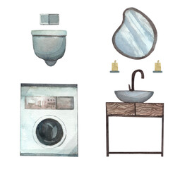 Bathroom,bathroom furniture,sink, faucet, mirror, toilet,toilet.Watercolor illustration isolated on a white background