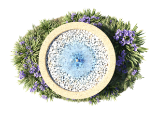 top view of fountain surrounded by grass flowers and small plant