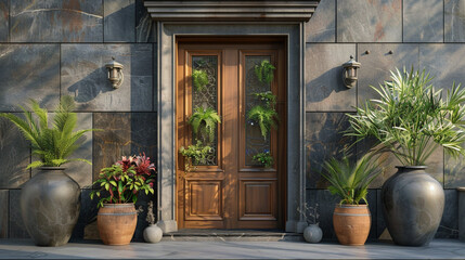 Fototapeta na wymiar Classic-modern fusion, wooden door, stained glass, mix of plants on glossy stone.