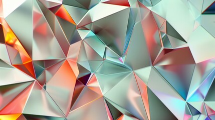 A mesmerizing background of holographic triangles forming an abstract, prismatic surface with vivid reflections.
