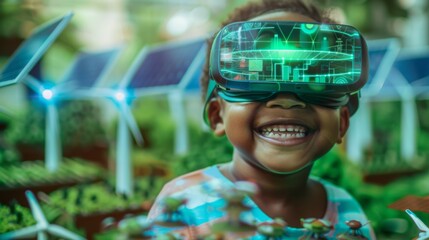 In a lush green setting, a child with a VR headset experiences a virtual reality filled with renewable energy solutions, indicating an environmentally conscious generation's perspective.