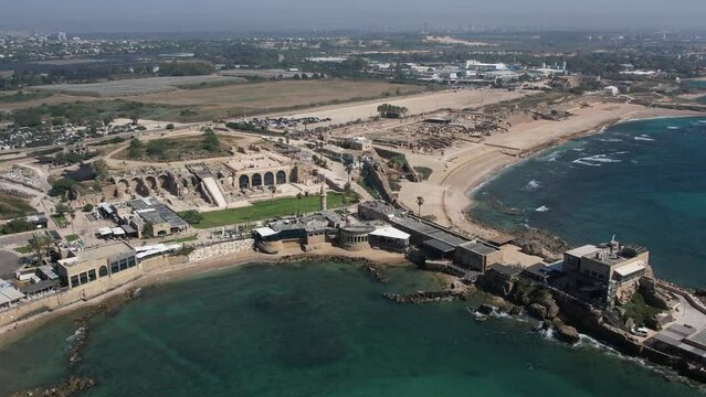 Aerial video of Caesarea National Park, Antiquities, Israel