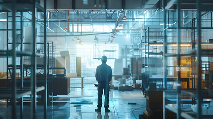Silhouette of engineer standing in modern factory interior.