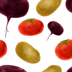 Vegetable seamless pattern in watercolor, hand drawn. Beets, tomatoes, potatoes. For kitchen textiles, wallpaper, menu, packaging design