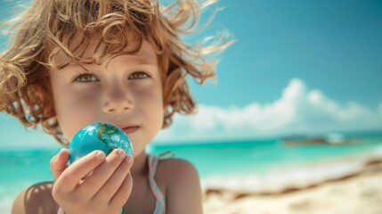 A curly-haired child on a sunlit beach holds a small earth globe, their eyes reflecting a deep commitment to environmental protection and sustainability.