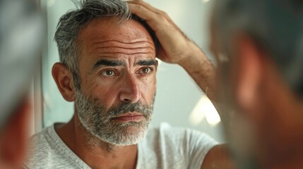 A middle-aged man looking at himself in the mirror with a contemplative expression, reflecting on identity and self-image challenges during andropause