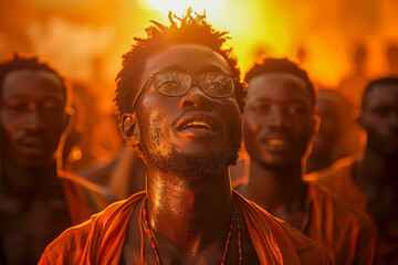 Naklejka premium Euphoric Moment During African Sunset Ritual