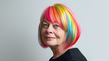 A mature woman showcases her vibrant rainbow-colored hair, reflecting her bold and spirited personality against a neutral background.