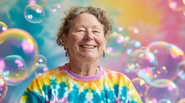 A senior woman's infectious laughter fills the frame as she's surrounded by a cascade of colorful bubbles, showcasing a playful and age-defying spirit.