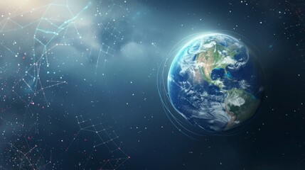 Fototapeta premium This image captures the essence of Earth in orbit, encased in a web of digital lines, signifying the role of technology in global ecology for Earth Day.