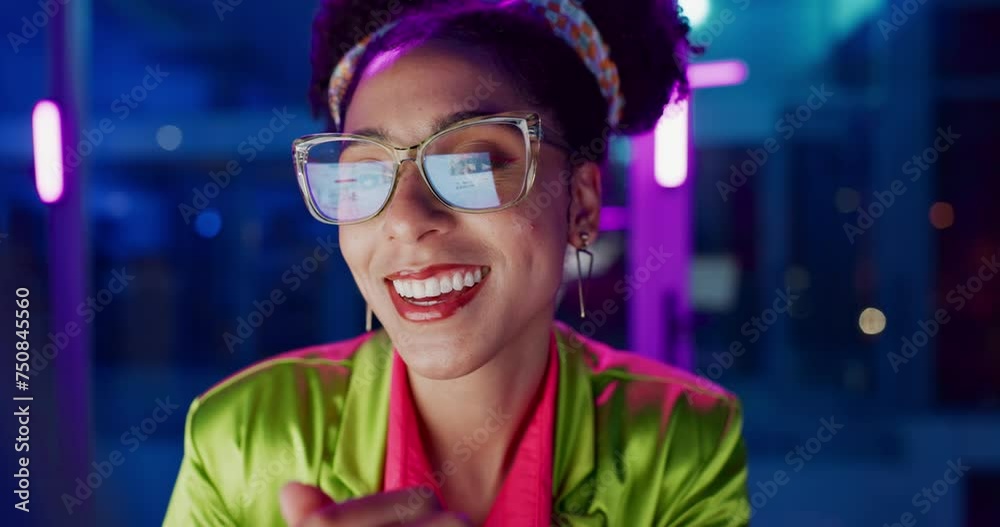 Poster Woman, night and happy in office with neon, tablet and glasses for reading, information technology or coding. Person, girl and developer with smile for programming, solution and creative for software