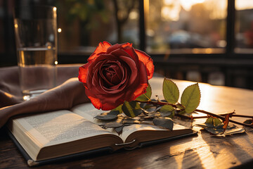 Open book with a red rose flower on it