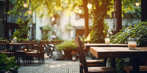 Outdoor table of coffee cafe and restaurant. Summer terrace on city street. Empty outside tables and chairs of outdoor cafe on blur green garden. Cozy outdoor zone cafe and restaurant - Powered by Adobe