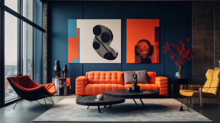 A modern living room with an exciting color blocking of navy blue and orange