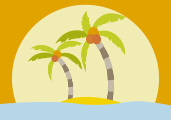 Paisaje de una isla con palmeras en un atardecer. 