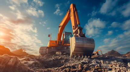 Excavator working on a construction site at sunset. 3d rendering