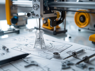 A modern 3D printer precisely fabricates a metal component over a technical blueprint, demonstrating advanced manufacturing technology