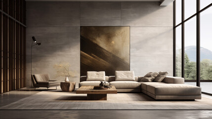 A modern living room with textured wall finishes featuring a grey sofa, an ottoman, and a geometric patterned rug