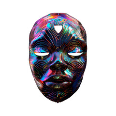 African  totem voodoo mask. Fluid, holographic, metallic, gradient colors on transparent background