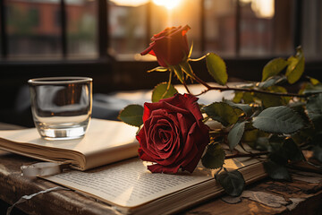 Red rose and glass on a book open on the table, romantic novel