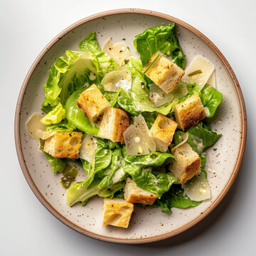 Green Salad with cheese and croutons isolated on white background.