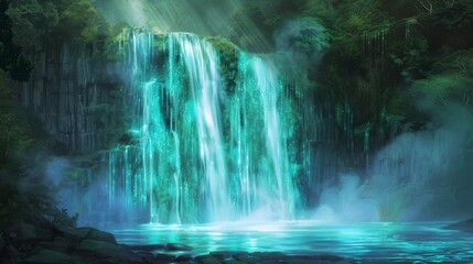 A mystical waterfall flows with glowing blue waters, set against the backdrop of a twilight forest, creating a scene of otherworldly beauty.