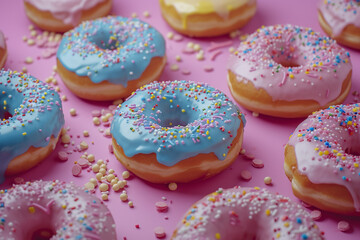 A row of colorful donuts with sprinkles on top. The donuts are arranged in a row and are of different colors