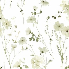 A seamless design with whimsical white flowers and verdant sprigs, offering a fresh and delicate look for textiles and decor.
