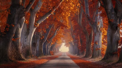 A country road lined with trees in their autumn glory, creating a picturesque corridor of vibrant colors. - obrazy, fototapety, plakaty