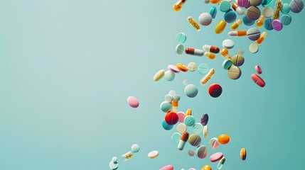 Colorful assortment of pills and capsules floating in blue space. healthcare and medicine concept with copyspace. modern pharmaceutical theme. AI