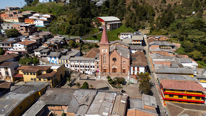 Montebello, Antioquia - Colombia. January 24, 2024. Panoramic with drone of the municipality, with...