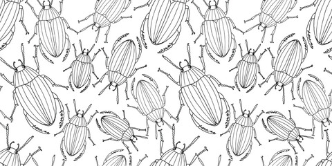 Beetles cartoon decorative outlines seamless vector pattern, black and white background, paper, wallpaper,textile - 750847106