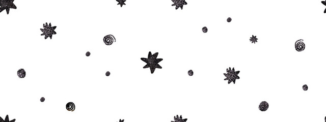 Cute seamless pattern with hand-drawn doodle stars and space bodies. Black and white doodle pattern. Open space. Space background. Cute baby background for children's room
