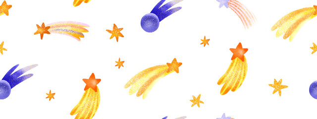 Cute seamless pattern with hand-drawn meteorites and cosmic bodies. Bright pattern. Open space. Space background. Cute baby background for children's room, textile, wallpaper, print and clothing.