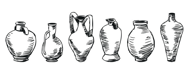 Ancient greek clay pots set for wine and water, doodle, hand drawn vector illustration isolated on white - 750847188