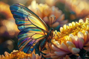 a close-up butterfly with rainbow colour wings, perched on top of a chrysanthemum flower - obrazy, fototapety, plakaty