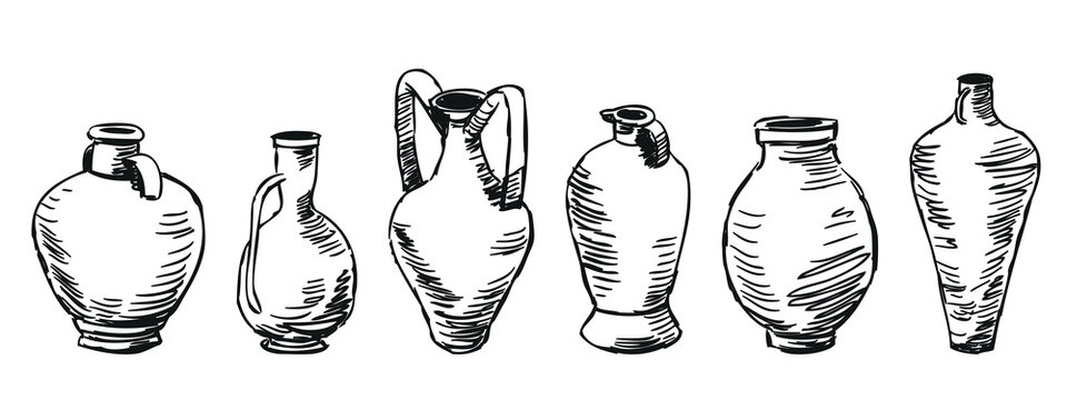 Ancient greek clay pots set for wine and water, doodle, hand drawn vector illustration isolated on white