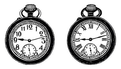 Old pocket watch drawings,black and white vector illustration isolated on white - 750847312