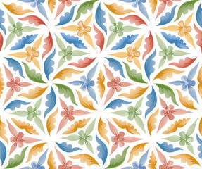 Floral ornamental pattern. Flowers and leaves background in ancient russian style. Seamless flourish in medieval european interior decoration style.