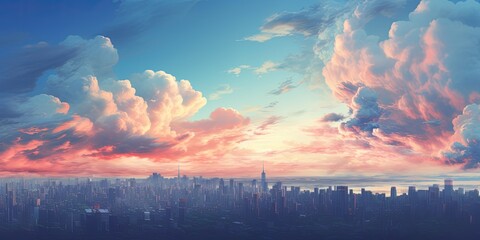 Late dusk with beautiful Heavenly sky over tokyo like city sky. city Sunset clouds abstract illustration. Wide format. Hope, divine, heavens concept. - obrazy, fototapety, plakaty
