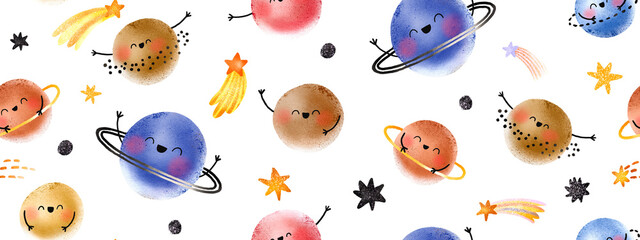 Cute seamless pattern with space planets, stars, galaxies and meteorites. Open space. Space background. Cute baby background for children's room, textile, wallpaper, print and clothing.