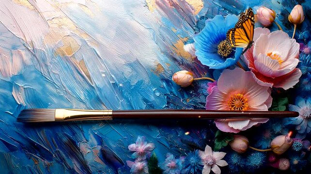 Paintbrush and paper flower with butterfly on watercolor background. Seamless looping time-lapse 4k video animation background