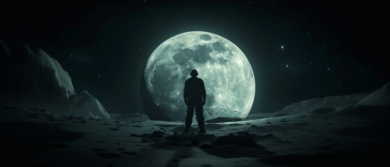 A cinematic close-up of a dark silhouette human figure standing before a colossal moon, set against the deep space backdrop. - obrazy, fototapety, plakaty