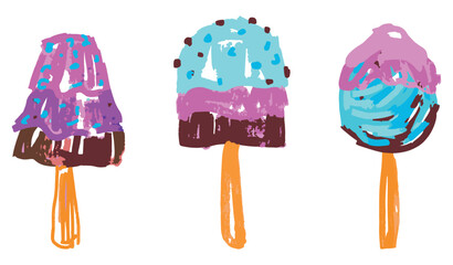 Vanilla fruit chocolate ice cream on sticks, ice cream set, colorful doodles, hand drawn vector illustration isolated on white - 750847760