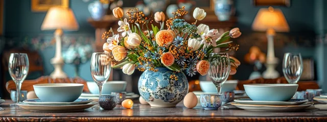 Gordijnen Table served for Easter celebration. Plates , glasses and vase with spring flowers. Seasonal holiday concept. © Анна Мартьянова