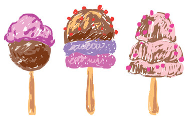 Vanilla fruit chocolate ice cream on sticks, ice cream set,hand drawn vector illustration isolated on white - 750847768