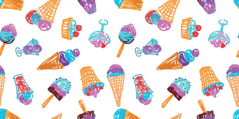 Vanilla popsicles in waffle cones, in waffle cups, in glass vases, ice cream set, seamless pattern, colorful doodles, vector hand drawings, wallpaper,paper,textile - 750847799