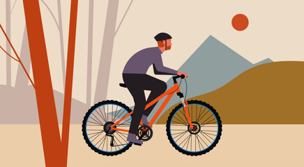 Man Ride a Bicycle for Healthy Wellness, Male Character on Mountain Bike in the Forest, Eco-Friendly, Sport and Adventure Concept, Vector Flat Illustration Design