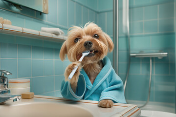 Funny dental hygiene image of a dog wearing dressing gown and brushing its own teeth with toothbrush and toothpaste in bathroom with some copy space - obrazy, fototapety, plakaty