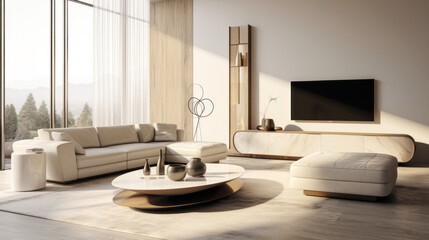 A modern living room with customizable furniture, highlighted by a curved velvet couch and a marble coffee table